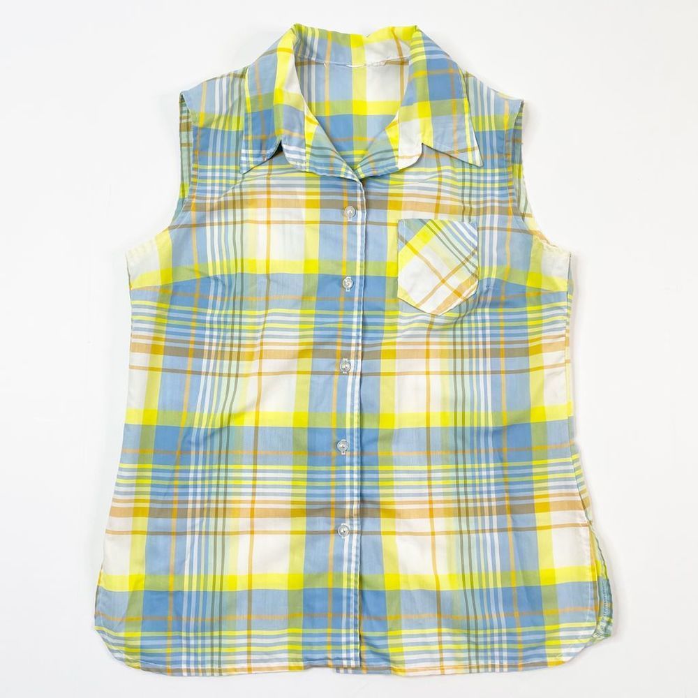 Vintage Plaid Sleeveless Button Up Blouse